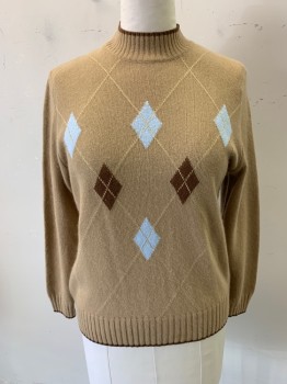 BASLER, Tan Brown, Baby Blue, Brown, Gold, Wool, Argyle, Diamonds, Long Sleeves, Mock Neck, Rib Knit Cuffs and Waistband