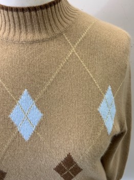 BASLER, Tan Brown, Baby Blue, Brown, Gold, Wool, Argyle, Diamonds, Long Sleeves, Mock Neck, Rib Knit Cuffs and Waistband