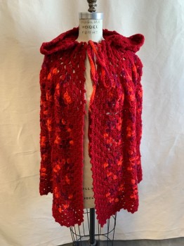 N/L, Cranberry Red, Ruby Red, Neon Orange, Acrylic, Abstract , Crotchet, Open Front, Neck Tie, Hood with PomPom, Dotted Hem Edge
