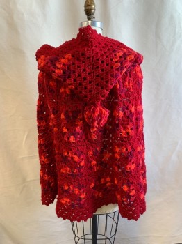 N/L, Cranberry Red, Ruby Red, Neon Orange, Acrylic, Abstract , Crotchet, Open Front, Neck Tie, Hood with PomPom, Dotted Hem Edge