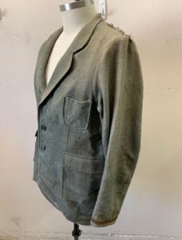 MTO, Gray, Wool, Solid, Blazer, Itchy Wool, 3 Buttons, Notched Lapel, Un-Lined, 3 Patch Pockets, Coarsely Mended Shoulders, Brown Gimp Trim at Cuffs, Aged/Worn Throughout, Aged/Distressed,