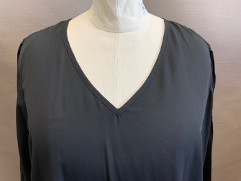 CITY CHIC, Black, Polyester, Solid, V-neck, Long Sleeves, Long in the Back, Button Detail Up Center Back,