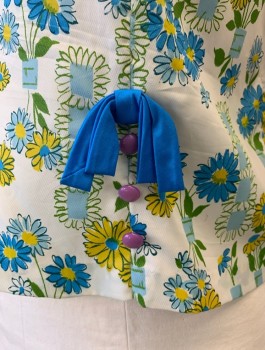 NL, White, Blue, Lt Beige, Green, Yellow, Synthetic, Floral, Round Neck,  Sleeveless, Purple Buttons & Blue Bow, Zip Back,