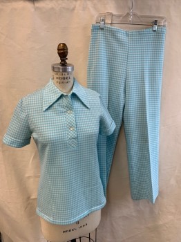 CATALINA, Lt Blue, White, Synthetic, Houndstooth, Shirt, Short Sleeves, Polo, 3 Buttons, Cuffed Sleeves