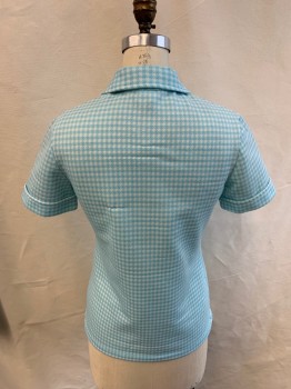 CATALINA, Lt Blue, White, Synthetic, Houndstooth, Shirt, Short Sleeves, Polo, 3 Buttons, Cuffed Sleeves
