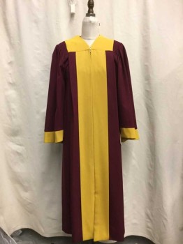 MURPHY ROBES, Red Burgundy, Yellow, Synthetic, Solid, Burgundy, Yellow Trim, Zip Front, 1 Closure, Pleated Shoulders, Long Sleeves,