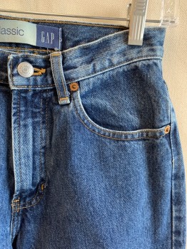 GAP, Denim Blue, Cotton, Solid, Zip Fly, Bttn. Closure, Top Pockets, Belt Loops, 2 Back Patch Pockets, Tapered Leg, *Brown Stain At Back Right Leg
