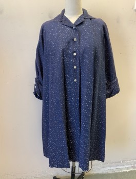 RAIN SHEDDER, Navy Blue, White, Synthetic, Dots, Rain Coat, Faille, Dot Pattern is Rubbing Off in Spots, 6 Buttons (*Missing 1), Peter Pan Collar, Raglan Sleeves, Folded Cuffs with 3 Buttons,  A-Line, Knee Length, Off White Lining