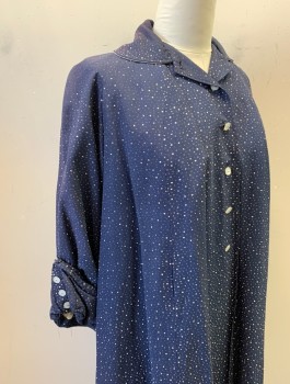 RAIN SHEDDER, Navy Blue, White, Synthetic, Dots, Rain Coat, Faille, Dot Pattern is Rubbing Off in Spots, 6 Buttons (*Missing 1), Peter Pan Collar, Raglan Sleeves, Folded Cuffs with 3 Buttons,  A-Line, Knee Length, Off White Lining