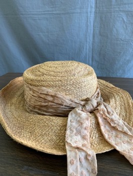N/L MTO, Tan Brown, Beige, Straw, Cotton, Wide Brim, Textured Fabric Band with Raw/Frayed Edges, Made To Order