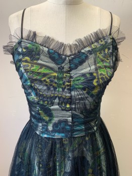 NO LABEL, Black, Blue, Yellow, White, Lime Green, Polyester, Insects Print, Spaghetti Strap, V Neck, Butterfly Print with Tulle Layer on Top, Ruffled Trim, Side Zipper