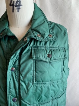 SIGALLO, Dk Green, Nylon, Solid, Puffer Vest, Snap Front, Stand Collar, 3 Snap Flap Pockets