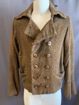 MTO, Brown, Black, Cotton, Rayon, 2 Color Weave, Early 1800s, Double Breasted, Wide Notched Lapel, 2 Pockets, Wood Buttons, Aged