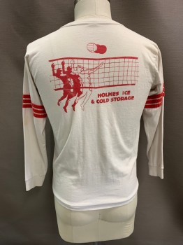 ENDLESS SUMMER, White, Red, Poly/Cotton, Solid, Stripes, CN, L/S, Red Stripes On Sleeves, Volleyball Net with Outline Of Man Jumping To Hit Volleyball, Holmes Ice & Cold Storage" All On Back,