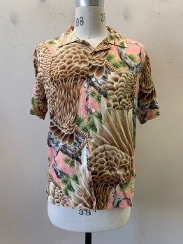 STUSSY, Beige, Pink, Multi-color, Rayon, Animals, C.A., Button Front, S/S, 1 Pocket, Hawk On Gray Branches with Green Leaves