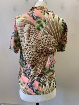STUSSY, Beige, Pink, Multi-color, Rayon, Animals, C.A., Button Front, S/S, 1 Pocket, Hawk On Gray Branches with Green Leaves