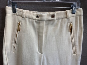 ESCADA, Cream, Wool, Solid, F.F, Side Pockets, Zip Front, Belt Loops, Gold Zipper