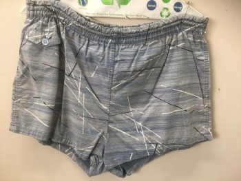 MCGREGOR, Gray, Slate Blue, Black, White, Cotton, Abstract , Men's Swim Trunks: Gray with Slate Streaked Pattern, Black and White Abstract Lines, Elastic Waist, White Mesh Lining Inside, 1 Watch Pocket at Front Waist