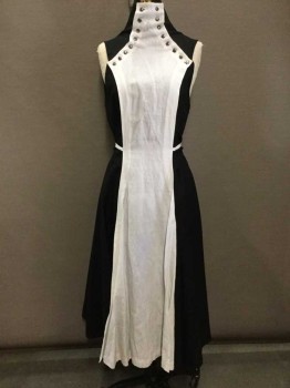 N/L, Black, White, Polyester, Cotton, Solid, Color Blocking, Sleeveless, High Neck, Button On White Cotton Panel (Separate Piece) That Attaches At Neck And Hangs Down To Floor, Self Ties At Side, Floor Length Hem. 2 PIECE