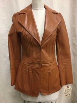 Vakko, Brown, Leather, Solid, Brown Leather Blazer, Notched Lapel, 2 Buttons,  2 Pockets,
