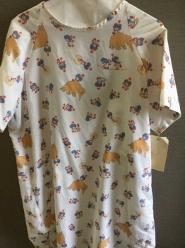 White, Tan Brown, Blue, Red, Cotton, Graphic, Short Sleeve,  Clowns & Elephants Graphic, Lacing/Ties Up Backside, See Photo Attached,