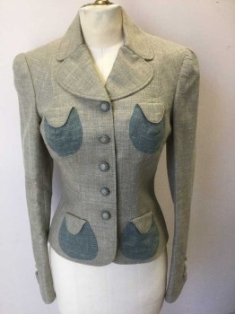 MTO, Taupe, Sea Foam Green, Cotton, Solid, Taupe with Specks of Seafoam and White, Long Sleeves, Single Breasted, 5 Fabric Covered Buttons, Seafoam Accents on 3 Rounded Patch Pockets and Buttons, Rounded Notch Lapel, Padded Shoulders, Light Peach Silk Lining, Made To Order Reproduction