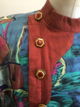 AGGIO, Multi-color, Rayon, Abstract , Multicolor Impressionist Painting Style Pattern, Solid Maroon Band Collar and Off Center Button Placket, Long Sleeves, 4 Wooden Multifaceted Buttons with Red Painted Center, Hidden Velcro Closures,