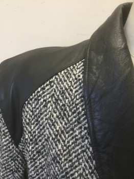 BELLAVIA, Gray, Black, White, Wool, Leather, Speckled, Solid, Speckled Shades of Gray and Black Wool, Solid Black Leather Shawl Lapel, Shoulder Panels, and Trim, Double Breasted, Heavily Padded Shoulders, **With Matching Fabric Belt