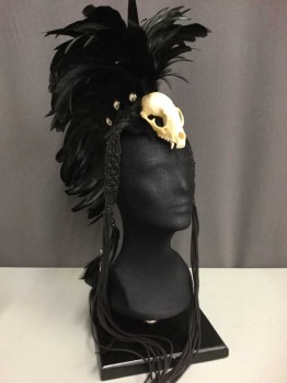 MISS G DESIGNS, Black, Ivory White, Silver, Feathers, Leather, 'Tina Turner' ish Headpiece, Beyond The Thunderdome, Black Coque Feathers, Black Mink Fur, Ivory Real Animal Skull, Silver Brads, Leather Crown, Macramé Tassels With Wood Beads And Feathers