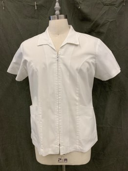 N/L, White, Poly/Cotton, Solid, Zip Front Collar Attached, Short Sleeves, 2 Pockets, Back "Belt" Panel with Pleat Below