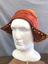 N/L MTO, Rust Orange, Goldenrod Yellow, Brown, Silk, Beaded, Ombre, Swirl , Coif Style Hat, Ombre Silk with Swirled Couching Embroidery, Ear Flaps with Solid Brown Shantung Silk Underside, Assorted Brown/Amber Beads at Edge, Historical Fantasy Made To Order