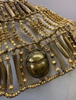 Gold, Metallic/Metal, Beaded, Gold Beaded, 2 Large Cobra Shaped Metal Plates in Front with Large Amber Stones, Metal Scarab Beetles Throughout, Made To Order, **Missing Clasp in Front