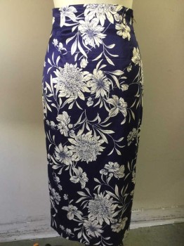 ZARA WOMAN, Navy Blue, Ivory White, Viscose, Cotton, Floral, Chrysanthemum Print, Pencil Skirt, Center Back Slit