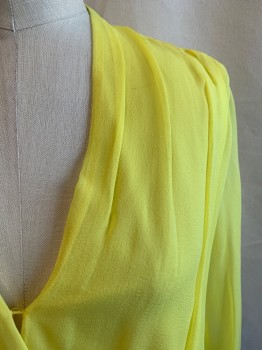ALICE & OLIVIA, Lemon Yellow, Silk, Polyester, Solid, Long Sleeves, V-neck, Pleated, Elastic Waist