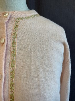 SAKS FIFTH AVENUE, Baby Pink, Antique Gold Metallic, Lt Pink, Beige, Cashmere, Solid, Floral, CARDIGAN, Crew Neck, 8 Pearl Like Buttons Down Front, Gold and Pink Floral Trim Down Front and on Back of Neck *4th Button is Broken*