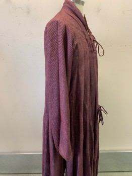 MTO, Aubergine Purple, Red Burgundy, Synthetic, Wool, Grid , Mandarin Collar, Tie Front, 2 Slits at Back, 1 Slit at Center Back, L/S, Floor Length Hem *Sleeves are Different Sizes (Left is Cut), Moth Holes on Back