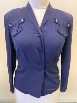 L. Doctor, Navy Blue, Polyester, Solid, L/S, Button Front, Tab with Layered Fabric Strips, Faded Shoulders