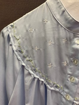 KAY ANNA, Sky Blue, White, Poly/Cotton, Pullover, Mandarin Collar, 1/4 Button Front, Green, White, & Baby Blue Floral Embroidery on Yoke, L/S, Hem at Ankle