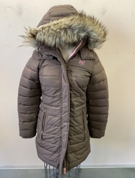 ABERCROMBIE, Brown, Polyester, Acrylic, Solid, Girls, Puffer, Cream Fleecy Lining, Gray Faux Fur Edge On Hood, Zip Front, 2 Zip Pockets