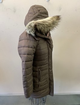 ABERCROMBIE, Brown, Polyester, Acrylic, Solid, Girls, Puffer, Cream Fleecy Lining, Gray Faux Fur Edge On Hood, Zip Front, 2 Zip Pockets