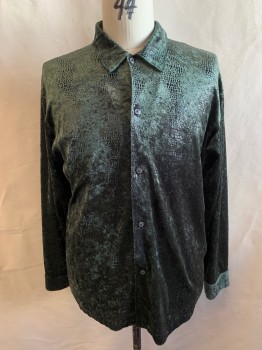 YMLA, Forest Green, Polyester, Reptile/Snakeskin, Collar Attached, Button Front, Long Sleeves