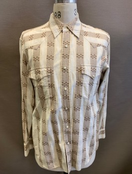 LUCKY BRAND, Taupe, Off White, Brown, Cotton, Stripes - Vertical , Circles, Long Sleeves, Snap Front, Collar Attached, Western Style Pointed Yoke, 2 Pockets with Pointed Flaps