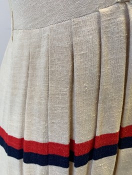 N/L, Lt Beige, Navy Blue, Red, Linen, Stripes, 1950's, Sleeveless, Square Neck,with Matching  Detachable Sailor Collar (CF033473), Pleated Waist, Just Below Knee Length, CB Zipper