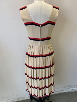 N/L, Lt Beige, Navy Blue, Red, Linen, Stripes, 1950's, Sleeveless, Square Neck,with Matching  Detachable Sailor Collar (CF033473), Pleated Waist, Just Below Knee Length, CB Zipper