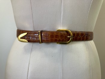 RALPH LAUREN, Shiny Brown Genuine Alligator, Gold Horse Shoe Buckle And Keeper