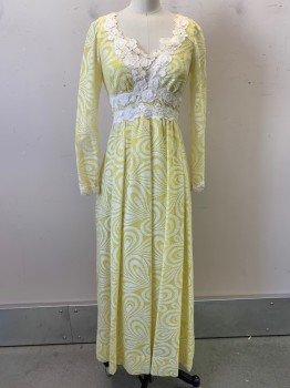 Lillie Rubin, Yellow, Ivory White, Polyester, Cotton, Floral, L/S, V Neck, Embroiderred Flower Trim, Back Zipper, Pleated Skirt, with Side Pockets