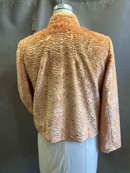 DRAPER'S & DAMON'S, Peach Faux Mongolian Lamb with Embossed Rose Pattern, Stand Collar, 1 Btn At Neck, L/S, Lined