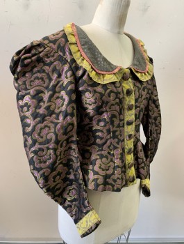 N/L MTO, Black, Lavender Purple, Chartreuse Green, Polyester, Swirl , Brocade, Long Leg O'Mutton Sleeves, Round Collar, Fabric Covered Buttons, Chartreuse Trim, Made To Order