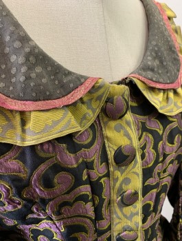 N/L MTO, Black, Lavender Purple, Chartreuse Green, Polyester, Swirl , Brocade, Long Leg O'Mutton Sleeves, Round Collar, Fabric Covered Buttons, Chartreuse Trim, Made To Order