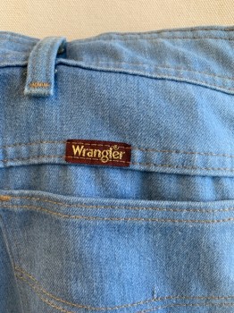 WRANGLER, Denim Blue, Cotton, Polyester, Solid, Light Blue Faded, Classic Ranch/Cowboy Cut, Zip Fly, Tan Top Stitching, 4 Pockets, Belt Loops